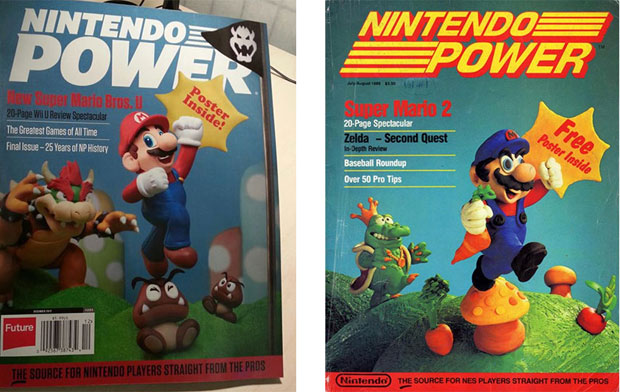 Left: final issue of Nintendo Power (2012) - Right: first issue of Nintendo Power (1988)
