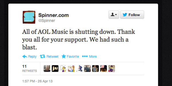 AOL Music closes, shutting down Spinner and Noisecreep