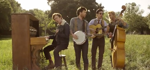 Jason Bateman, Ed Helms, Will Forte, and Jason Sudeikis in the music video for Mumford & Sons' "Hopeless Wanderer"