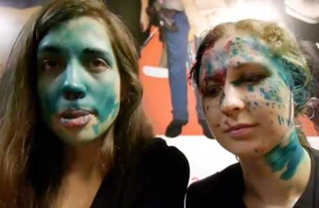 Pussy Riot members after being attacked with paint in a Russian McDonald's restaurant