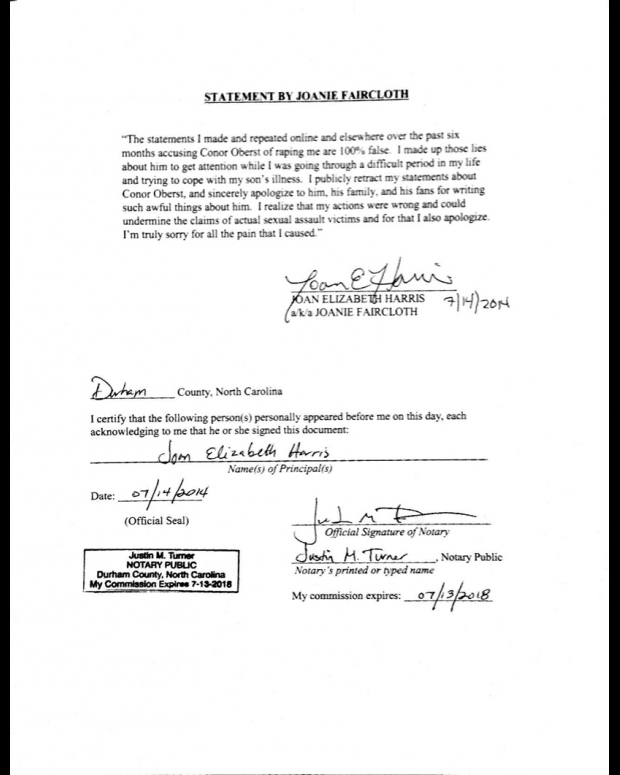 A copy of Joanie Faircloth's signed statement